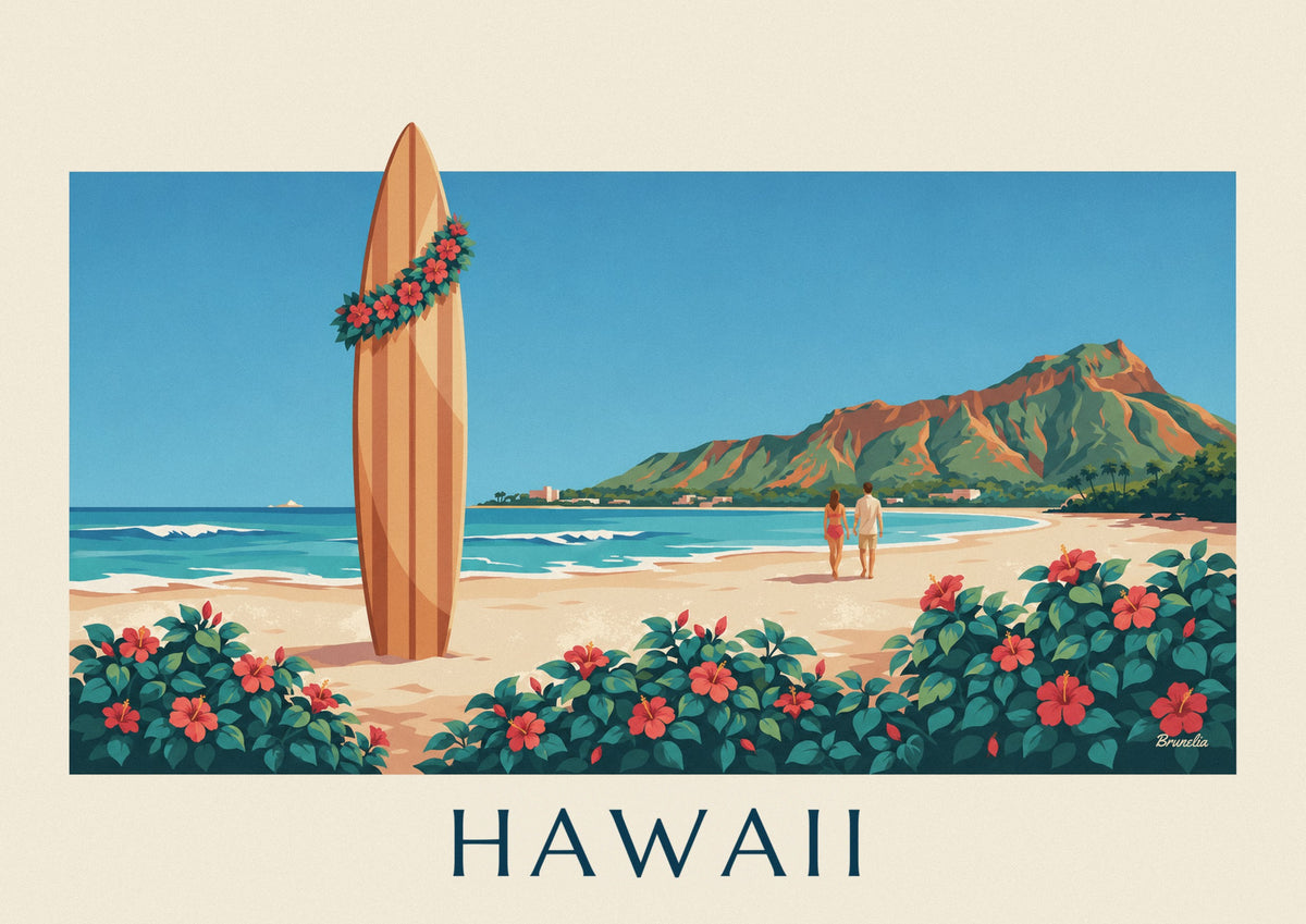 Surfboard and hibiscus facing Diamond Head, Hawaii poster