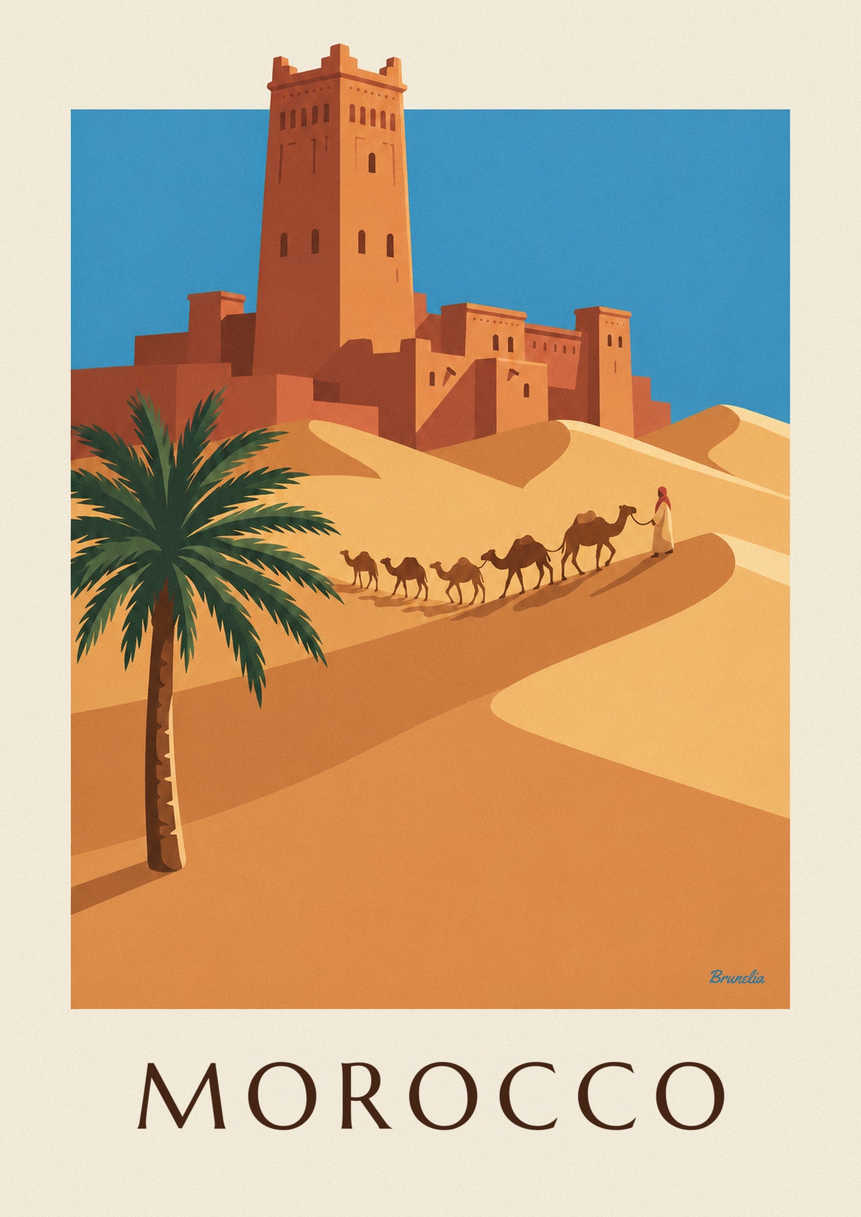 Moroccan desert kasbah and camel caravan poster: close-up detail