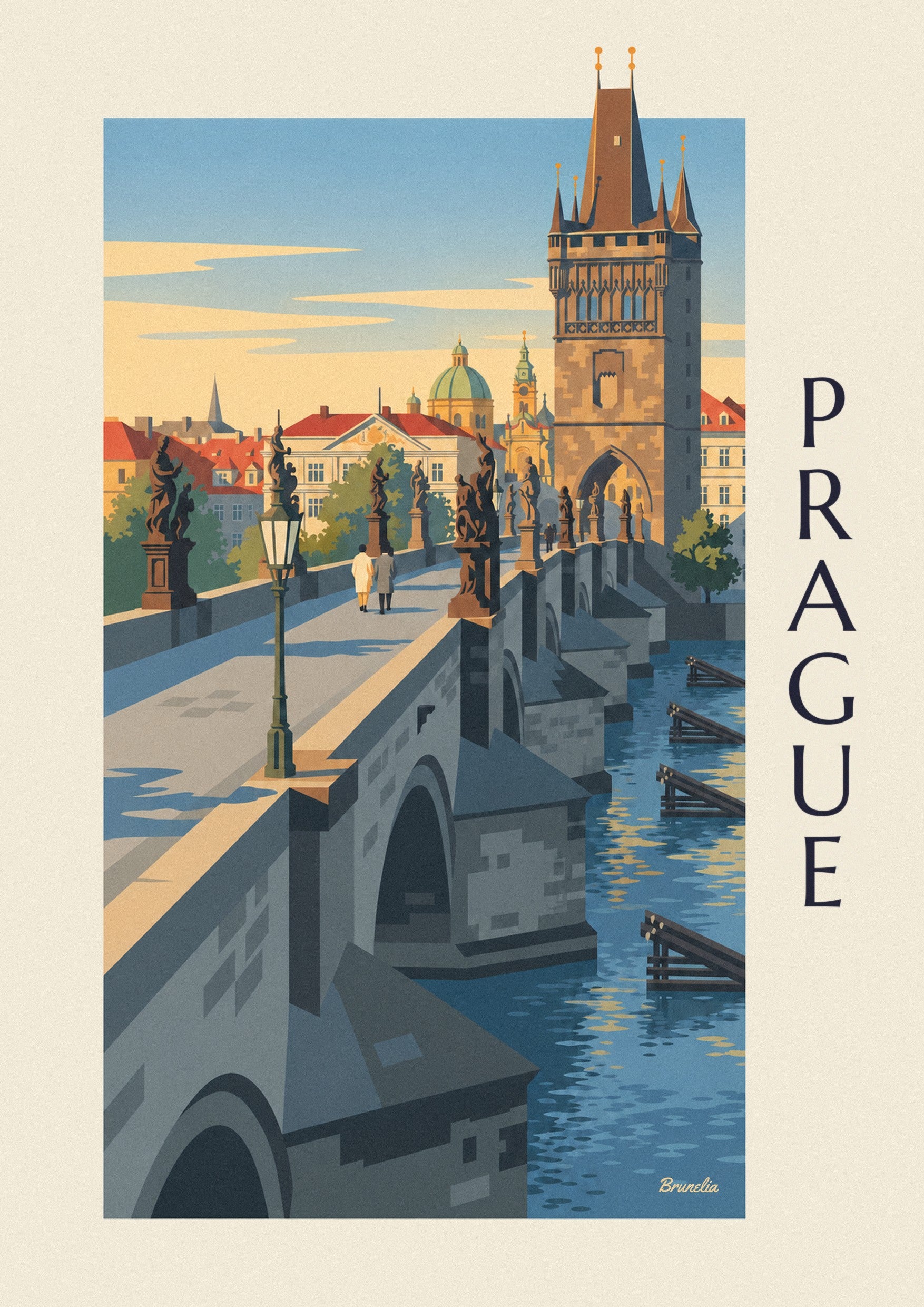 Prague Charles Bridge and Gothic tower on the Vltava poster: close-up detail