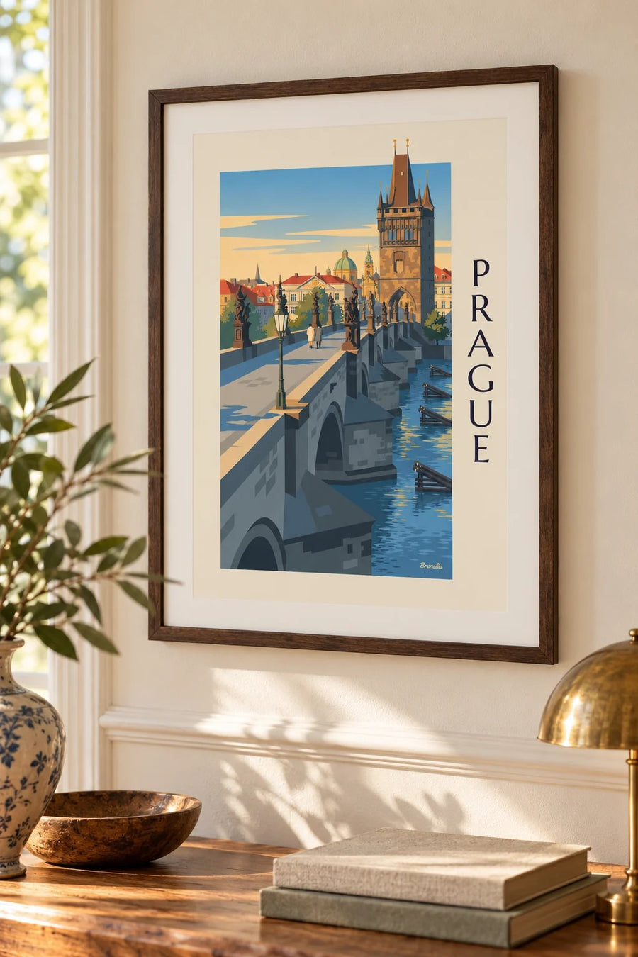 Prague Charles Bridge and Gothic tower on the Vltava poster: small framed A4 size