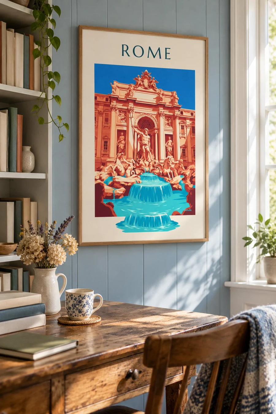 Trevi Fountain and Neptune statue in Rome poster: framed on a wall