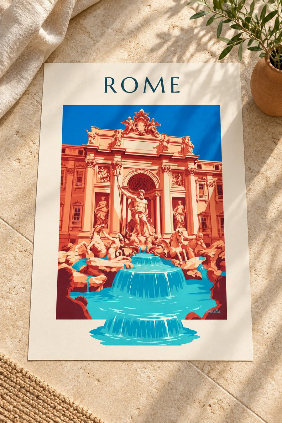 Trevi Fountain and Neptune statue in Rome poster: placed on a table