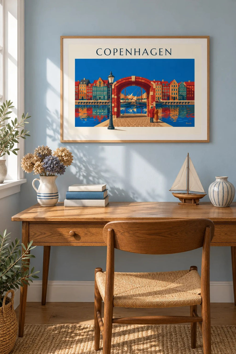 Copenhagen Nyhavn colorful houses and old sailboats poster: framed on the wall