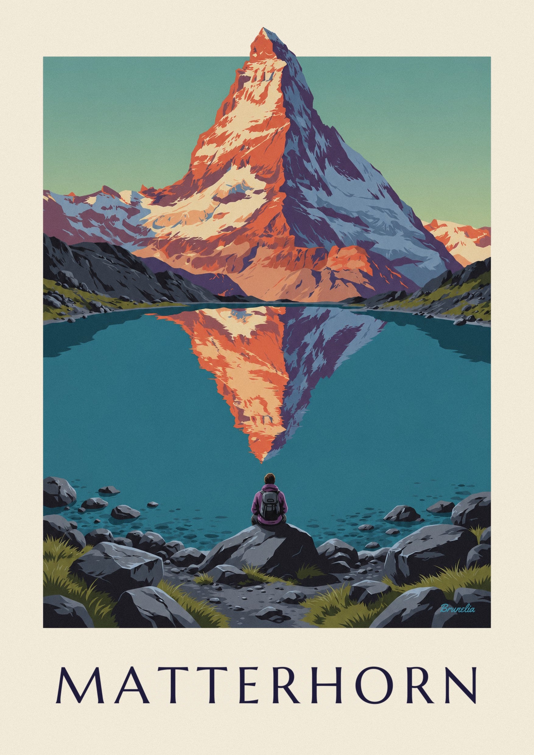 Matterhorn at sunset reflected in an alpine lake poster: close-up detail