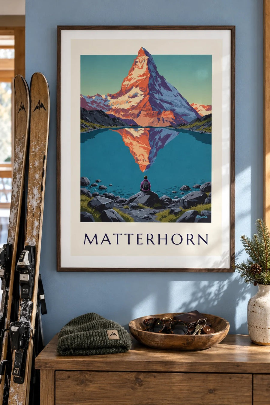 Matterhorn at sunset reflected in an alpine lake poster: framed on the wall