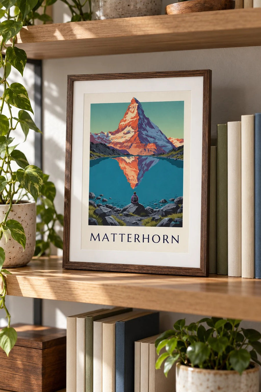Matterhorn at sunset reflected in an alpine lake poster: small A4 size, framed