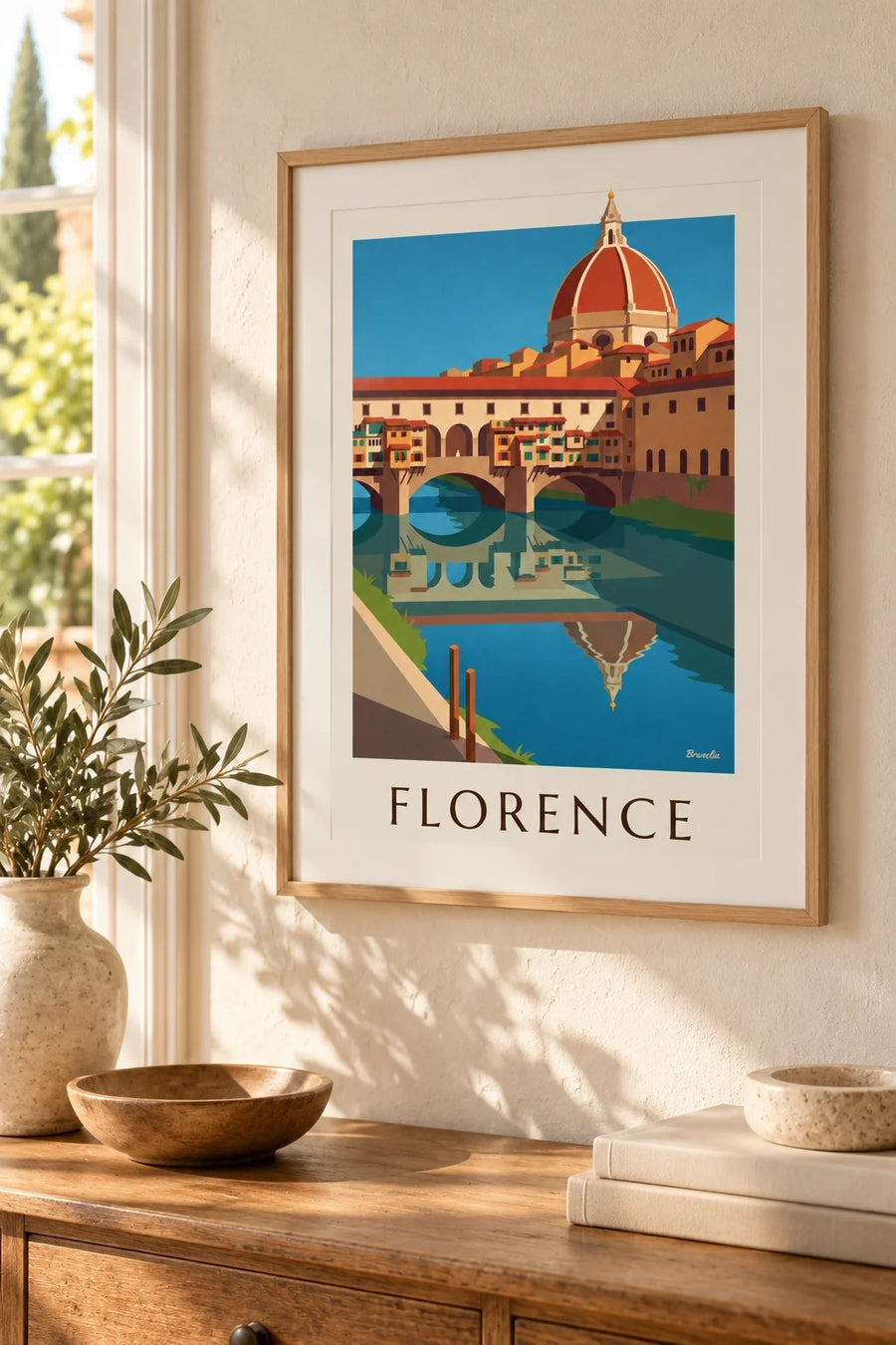 Ponte Vecchio and the Arno in Florence poster: small A4 size, framed
