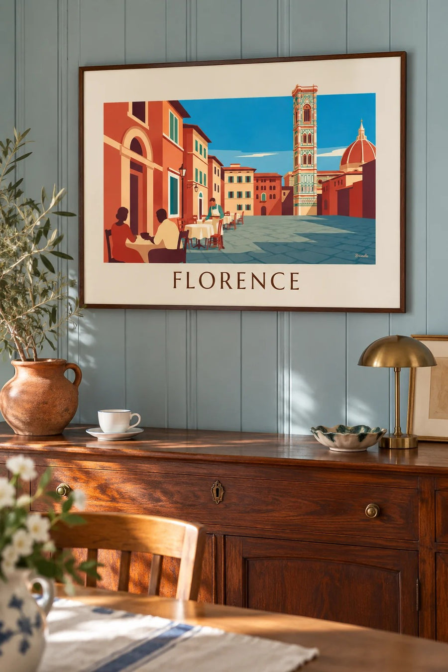 Café terrace facing the Duomo of Florence poster: framed on the wall