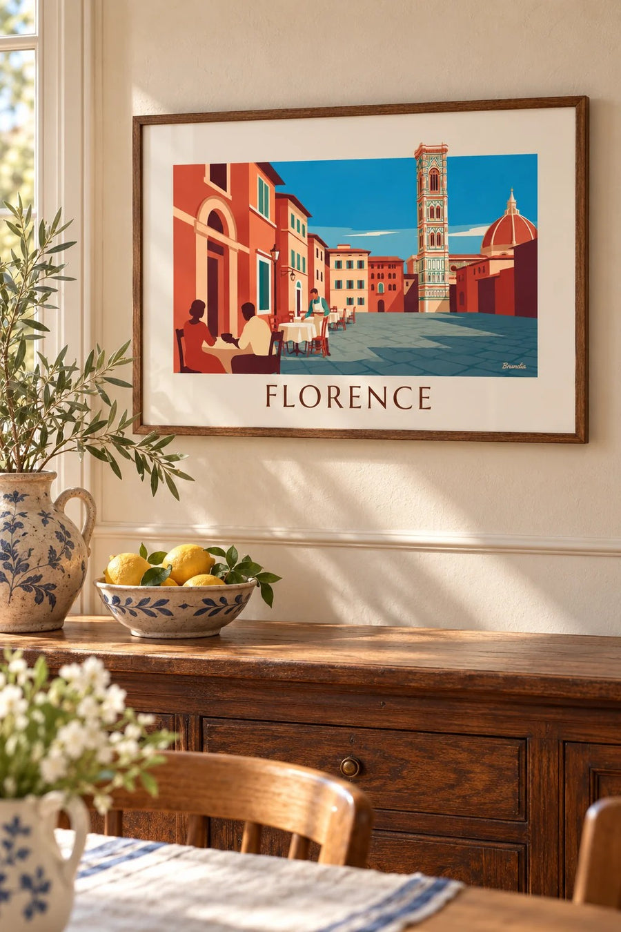 Café terrace facing the Duomo of Florence poster: small A4 size, framed
