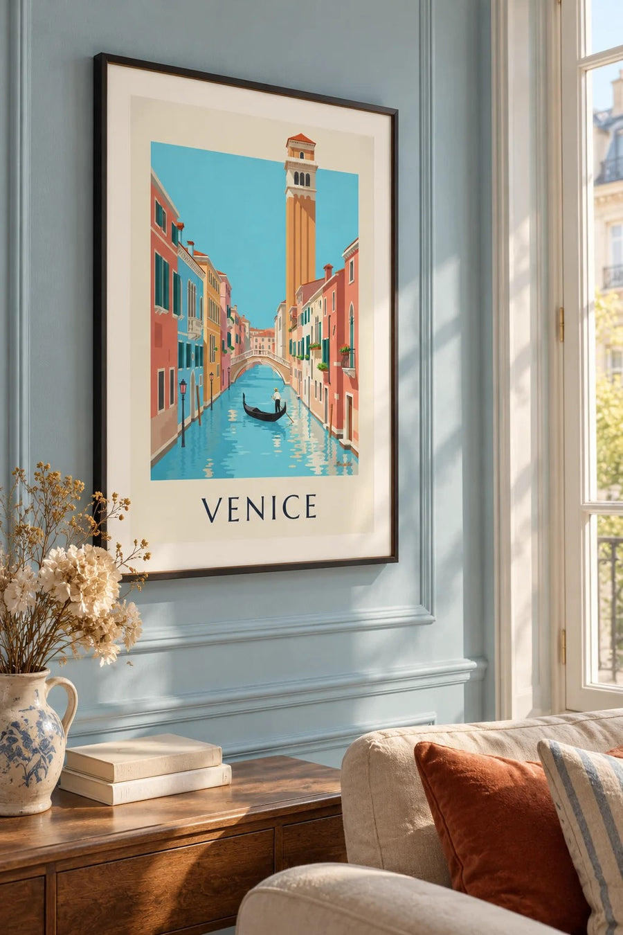 Gondolier on a Venice canal poster: framed on the wall
