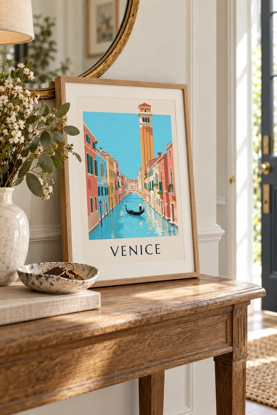 Gondolier on a Venice canal poster: small A4 size, framed