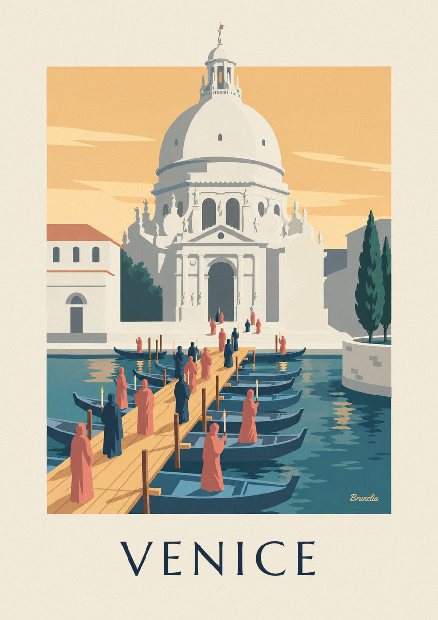 Pilgrims on the boat bridge to the Salute in Venice poster