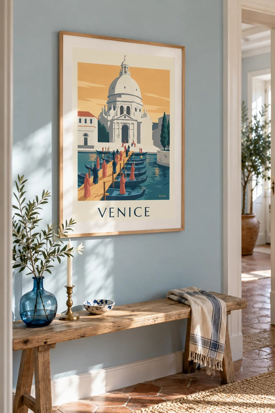 Pilgrims on the boat bridge to the Salute in Venice poster: framed on the wall