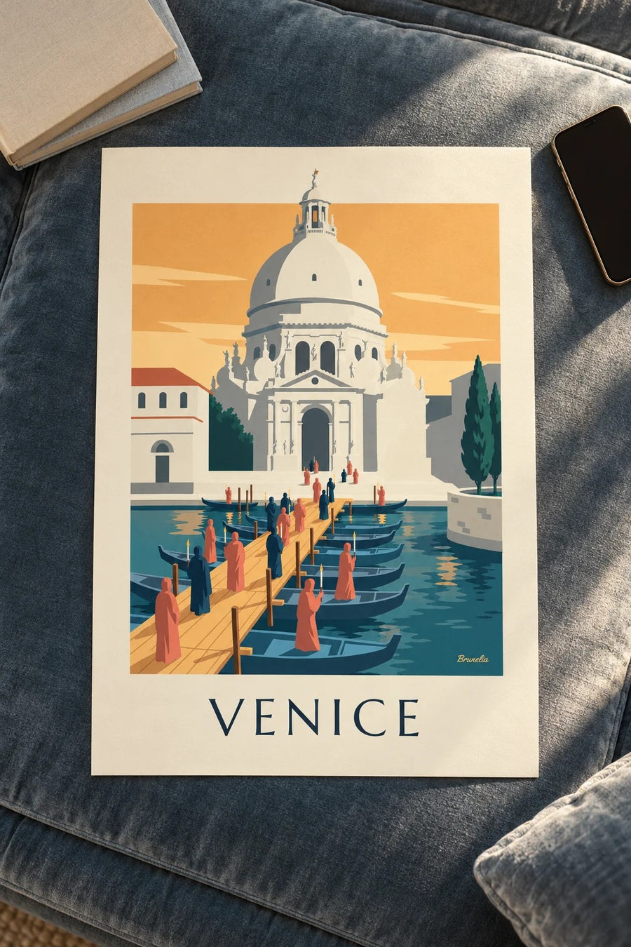 Pilgrims on the boat bridge to the Salute in Venice poster: resting on a table
