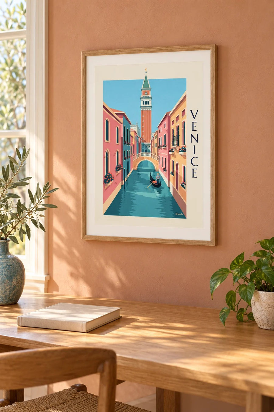 Gondolier on a small canal under the Venice Campanile poster: small framed A4 size