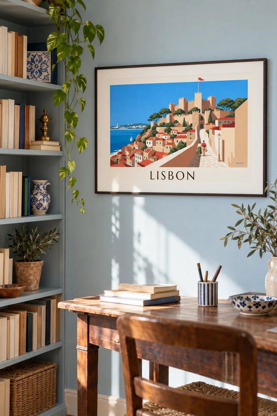 Lisbon Saint George’s Castle and Alfama rooftops poster: framed on the wall