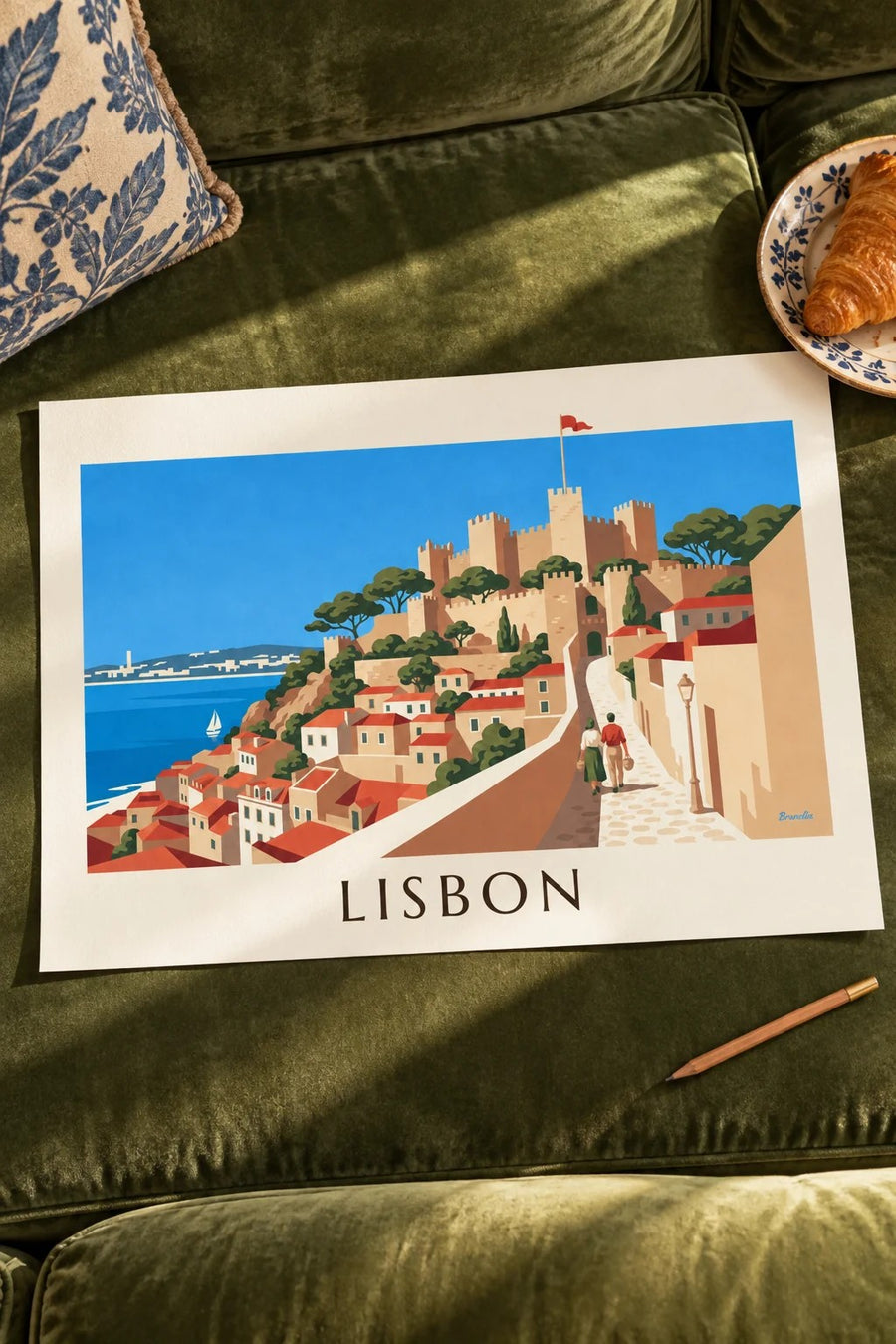 Lisbon Saint George’s Castle and Alfama rooftops poster: laid flat on a table