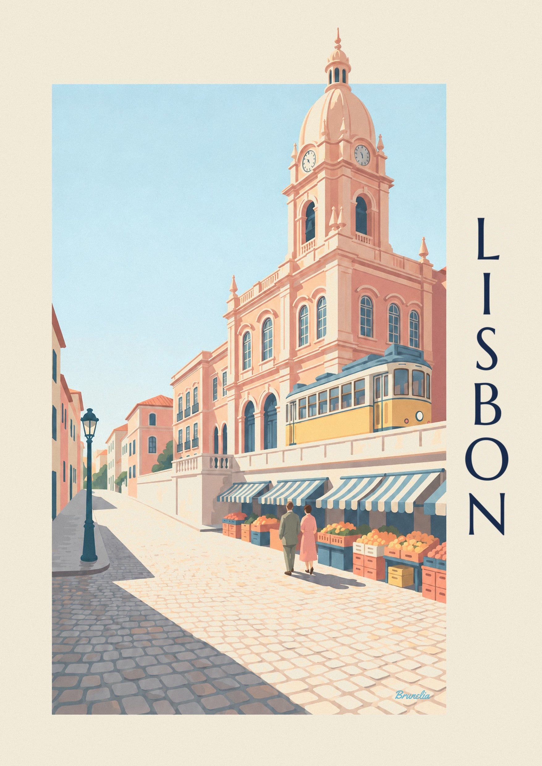 Ribeira market in Lisbon and yellow tram poster: close-up detail