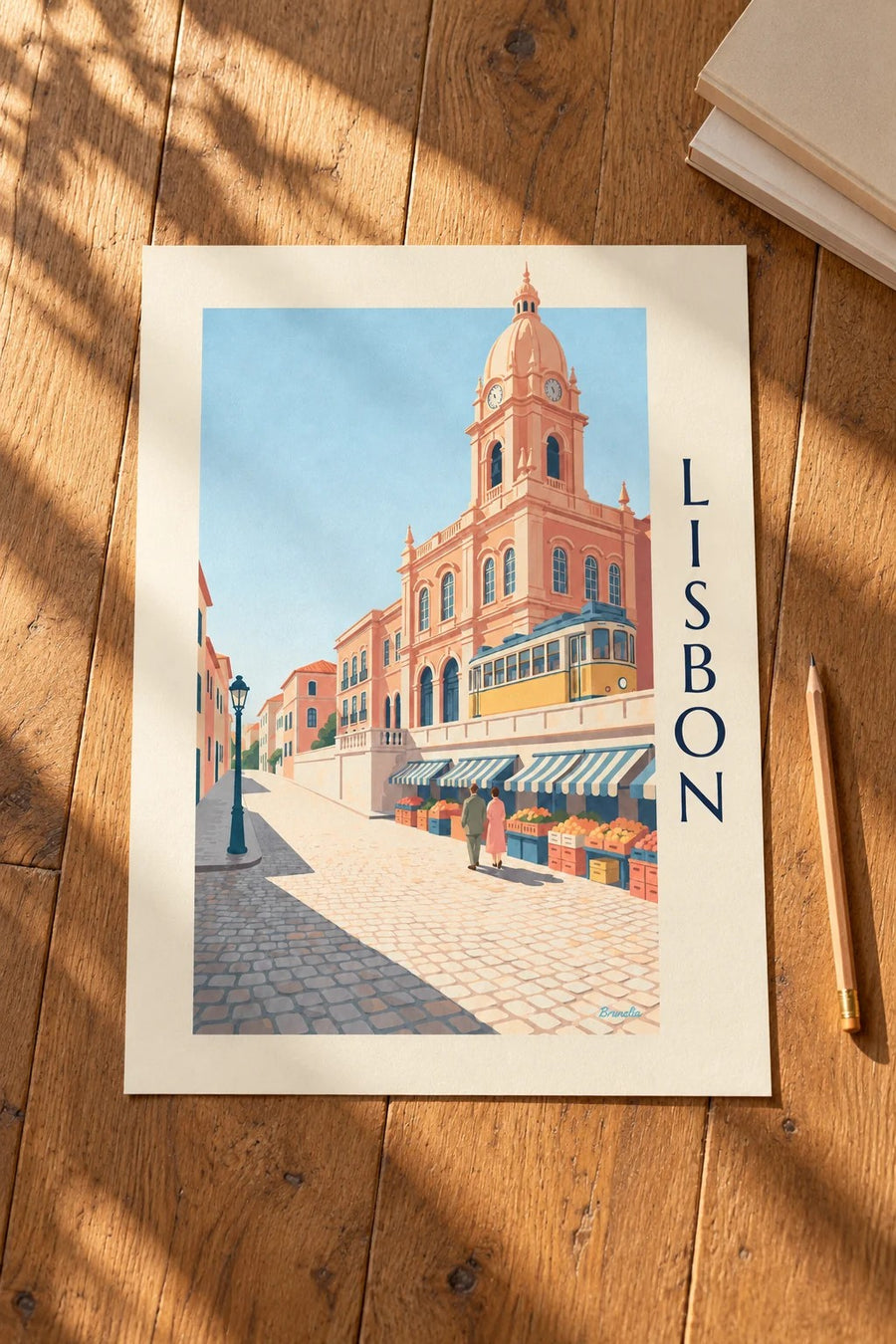 Ribeira market in Lisbon and yellow tram poster: placed on a table