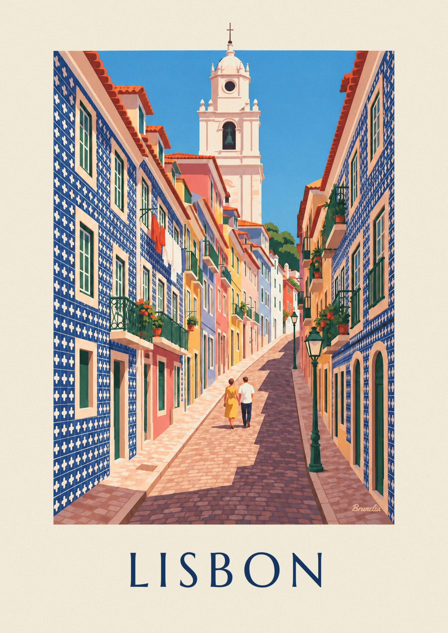 Lisbon alley with azulejo tile facades poster