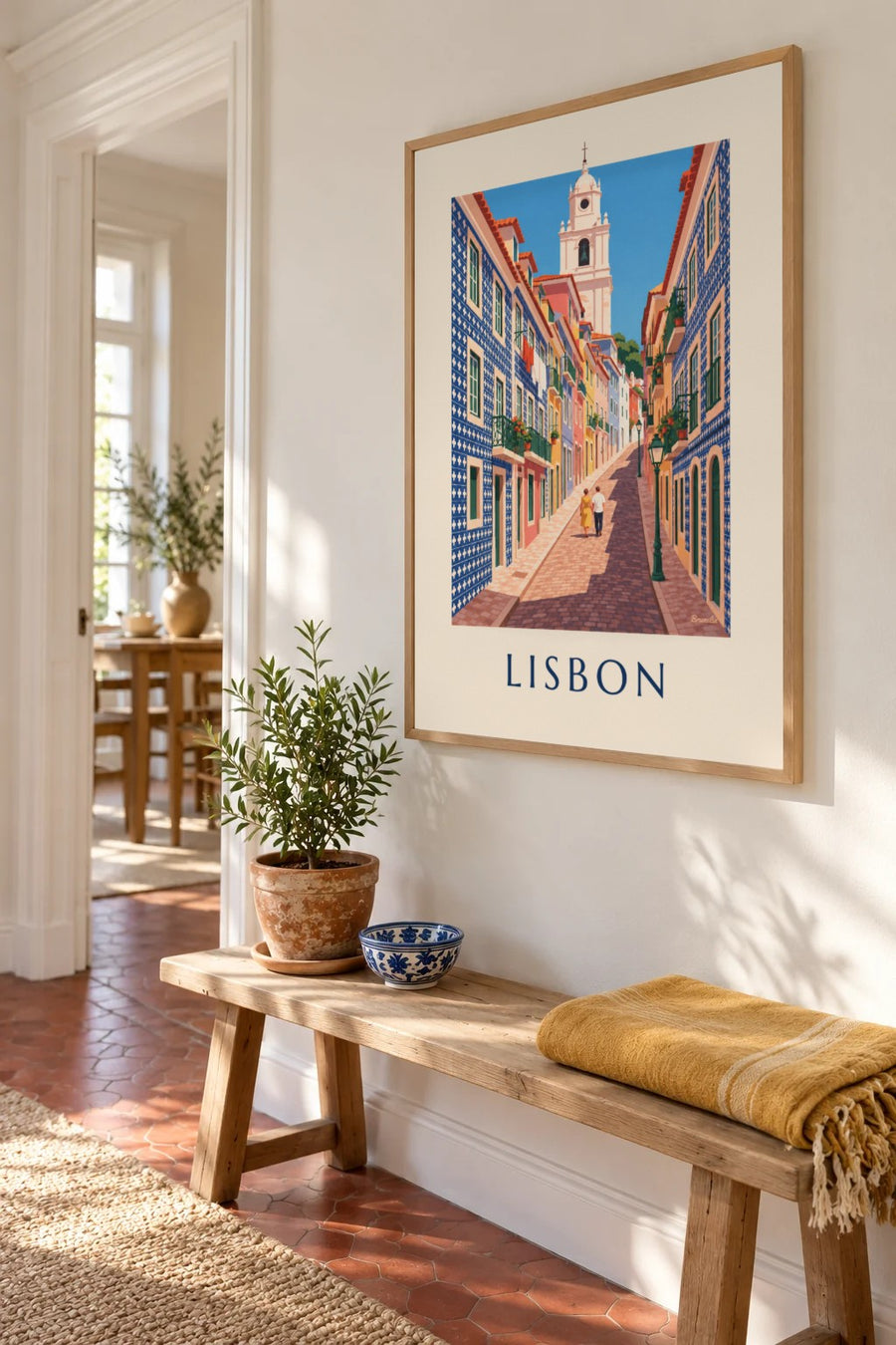 Lisbon alley with azulejo tile facades poster: framed on the wall
