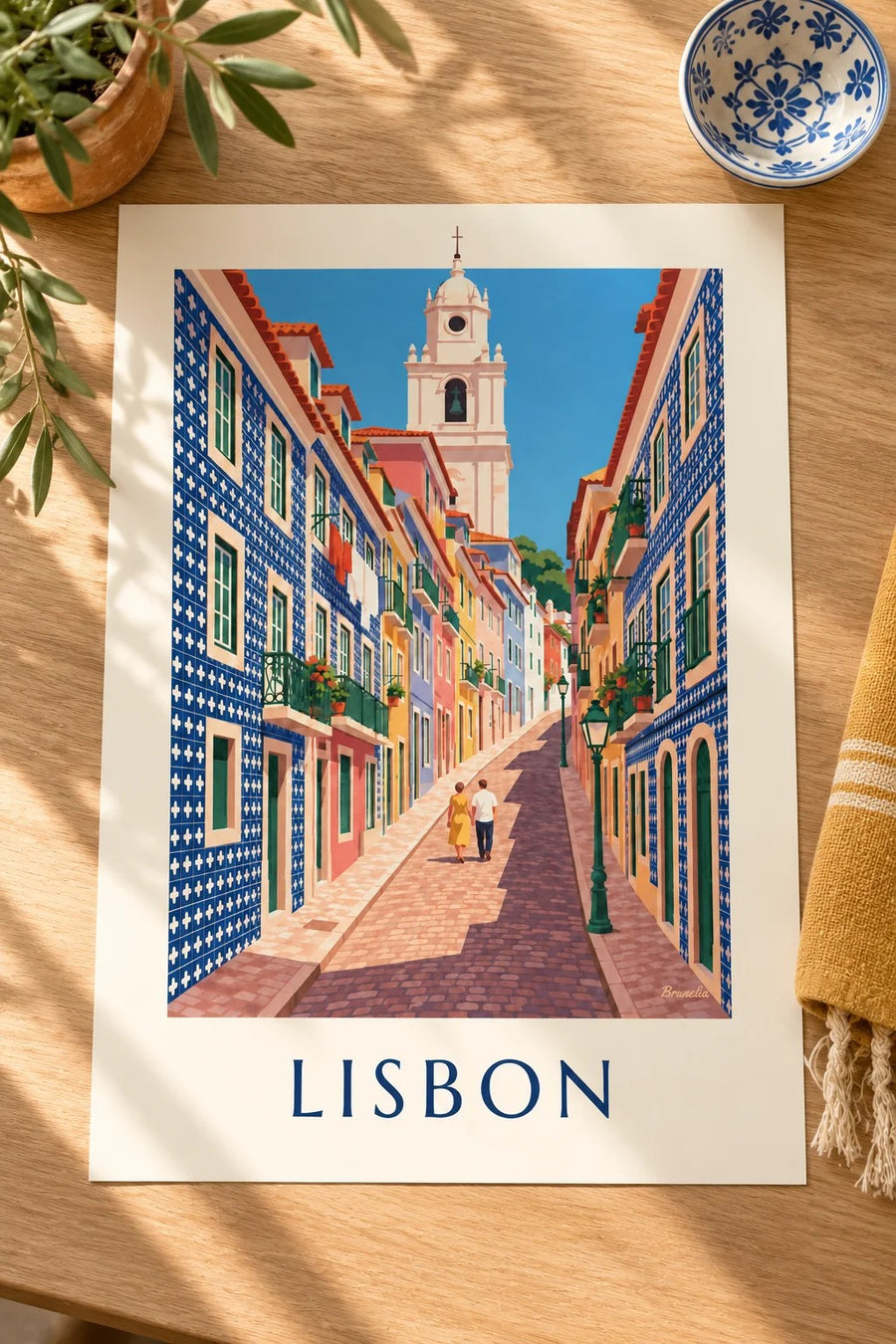 Lisbon alley with azulejo tile facades poster: laid flat on a table