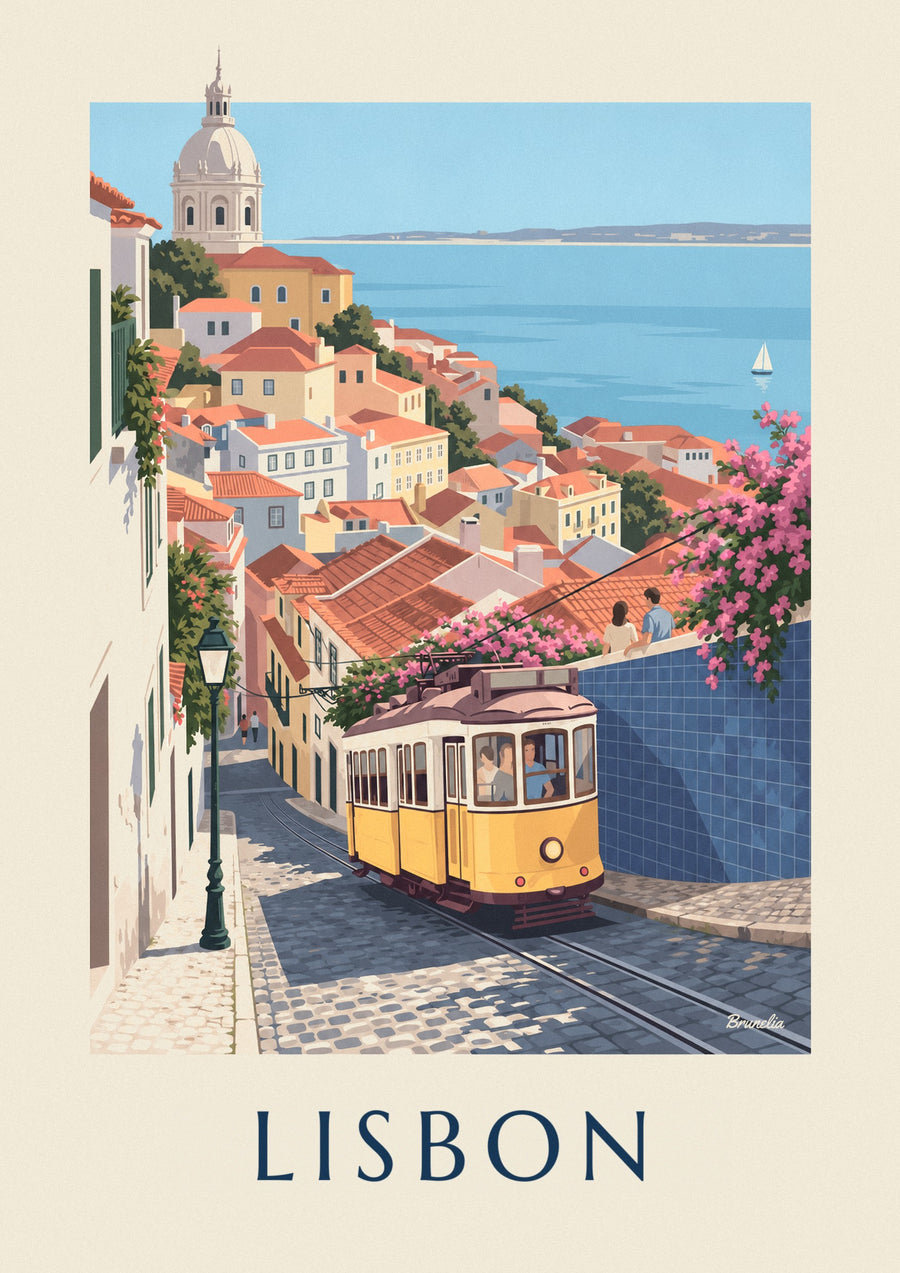 Lisbon yellow tram and Tagus view poster