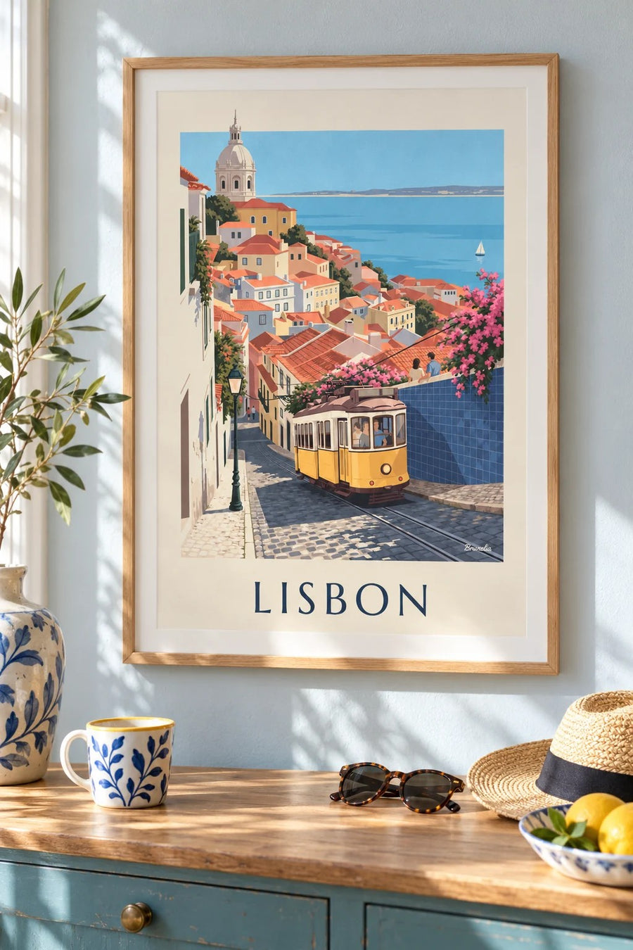 Lisbon yellow tram and Tagus view poster: framed on the wall