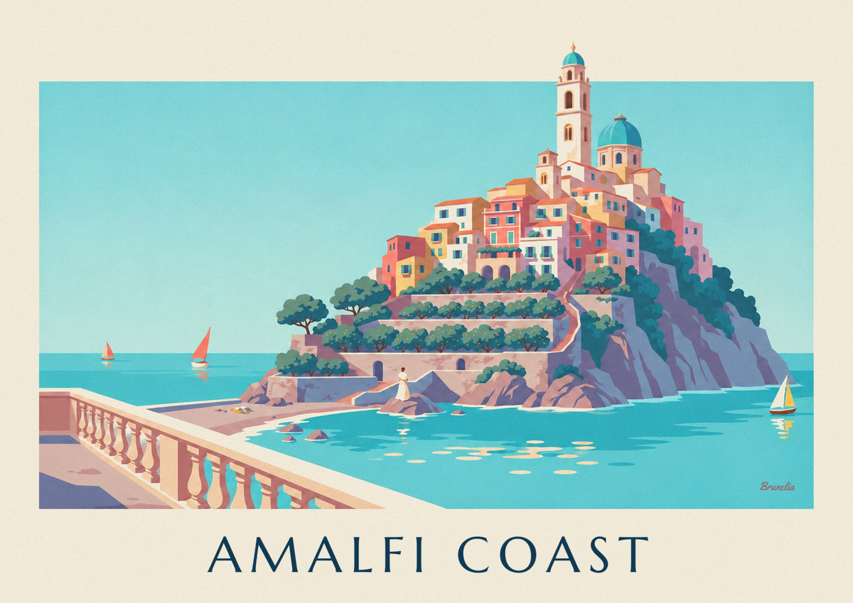 Amalfi Coast colorful houses and turquoise bay poster