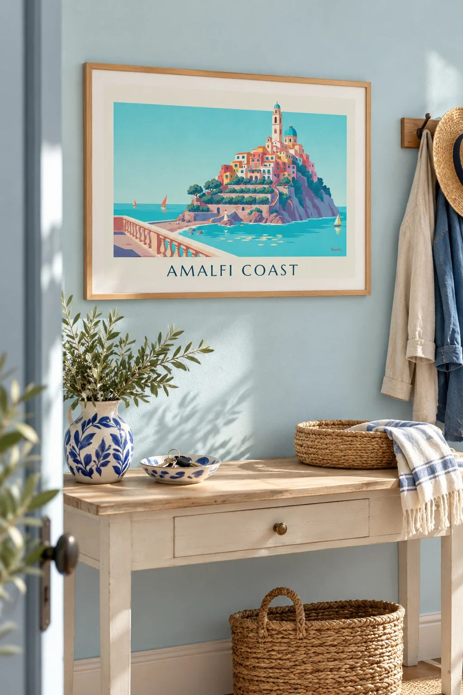 Amalfi Coast colorful houses and turquoise bay poster: framed on the wall