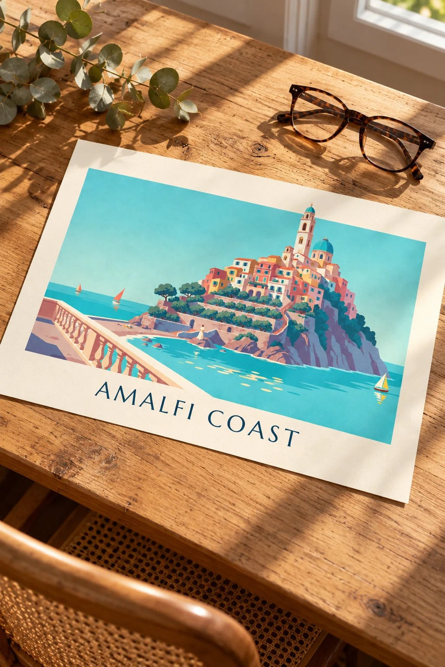 Amalfi Coast colorful houses and turquoise bay poster: placed on a table