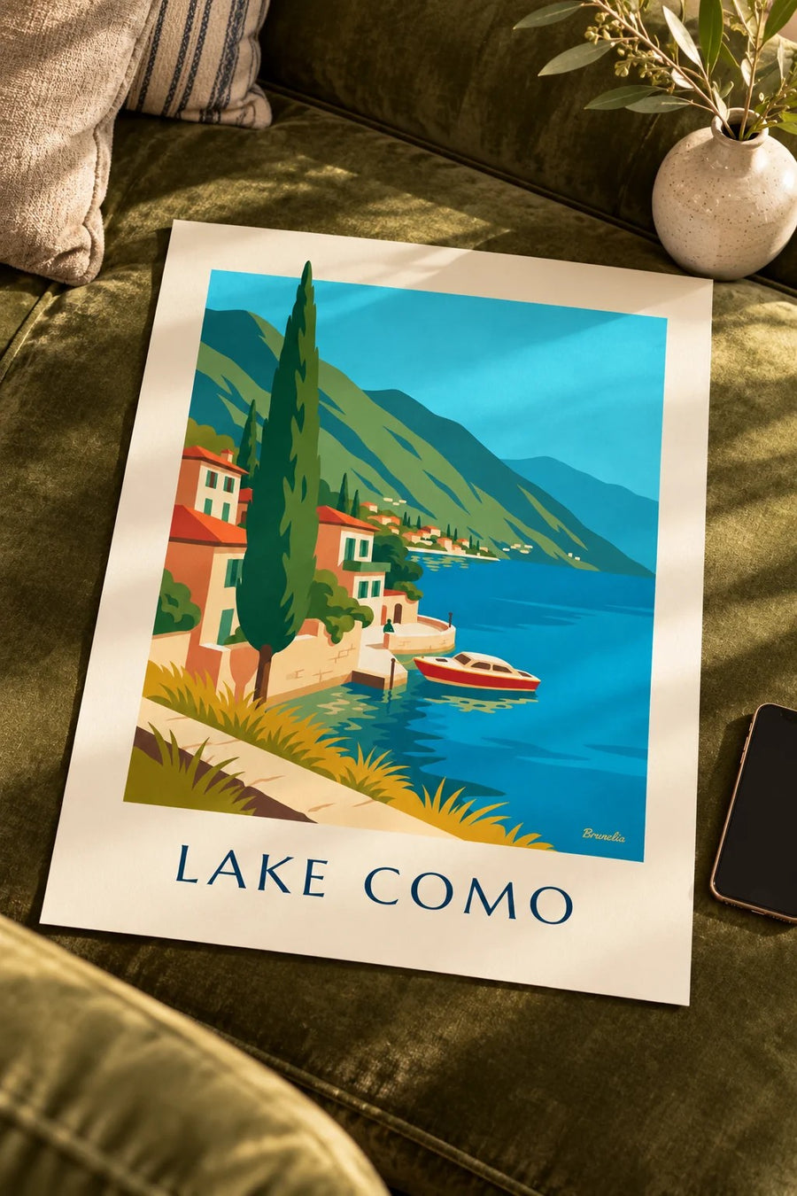 Lake Como shore and wooden boat poster: set on a table
