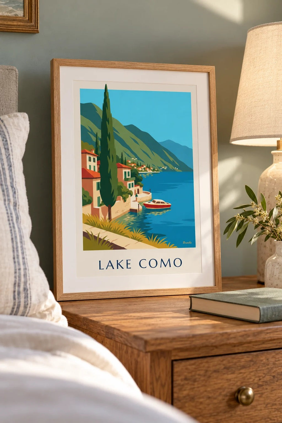 Lake Como shore and wooden boat poster: small framed A4 size
