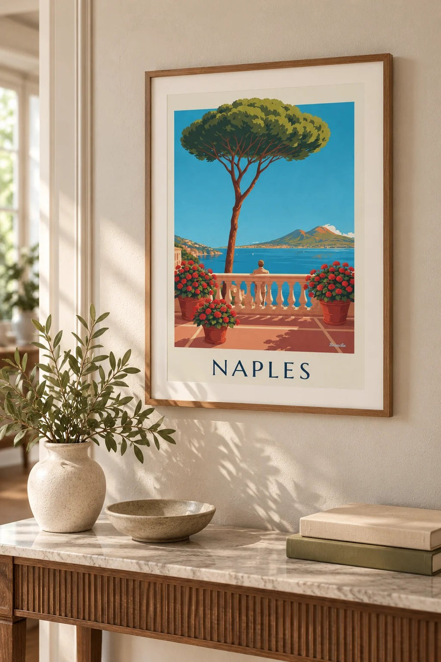 Bay of Naples and Vesuvius from a terrace poster: small A4 size, framed