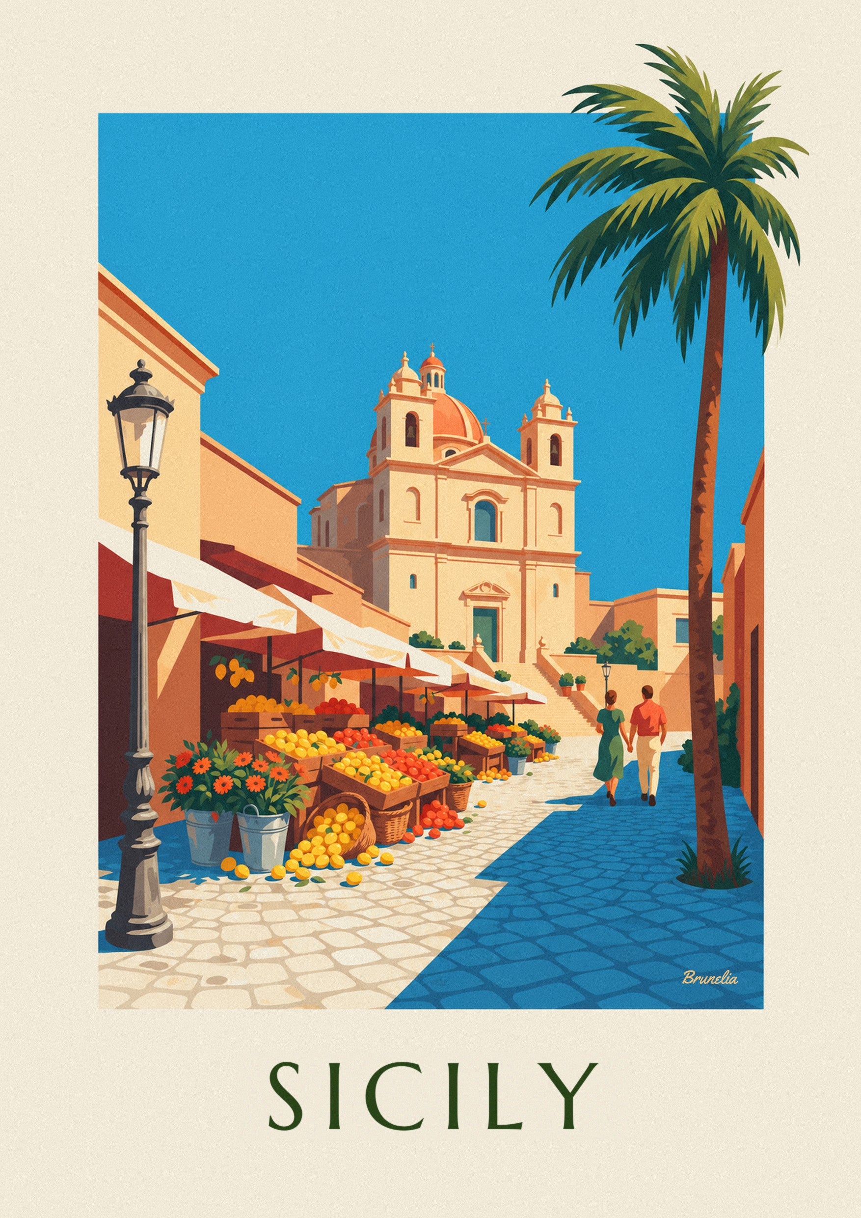 Sicilian market with lemons, oranges and flowers poster: close-up detail