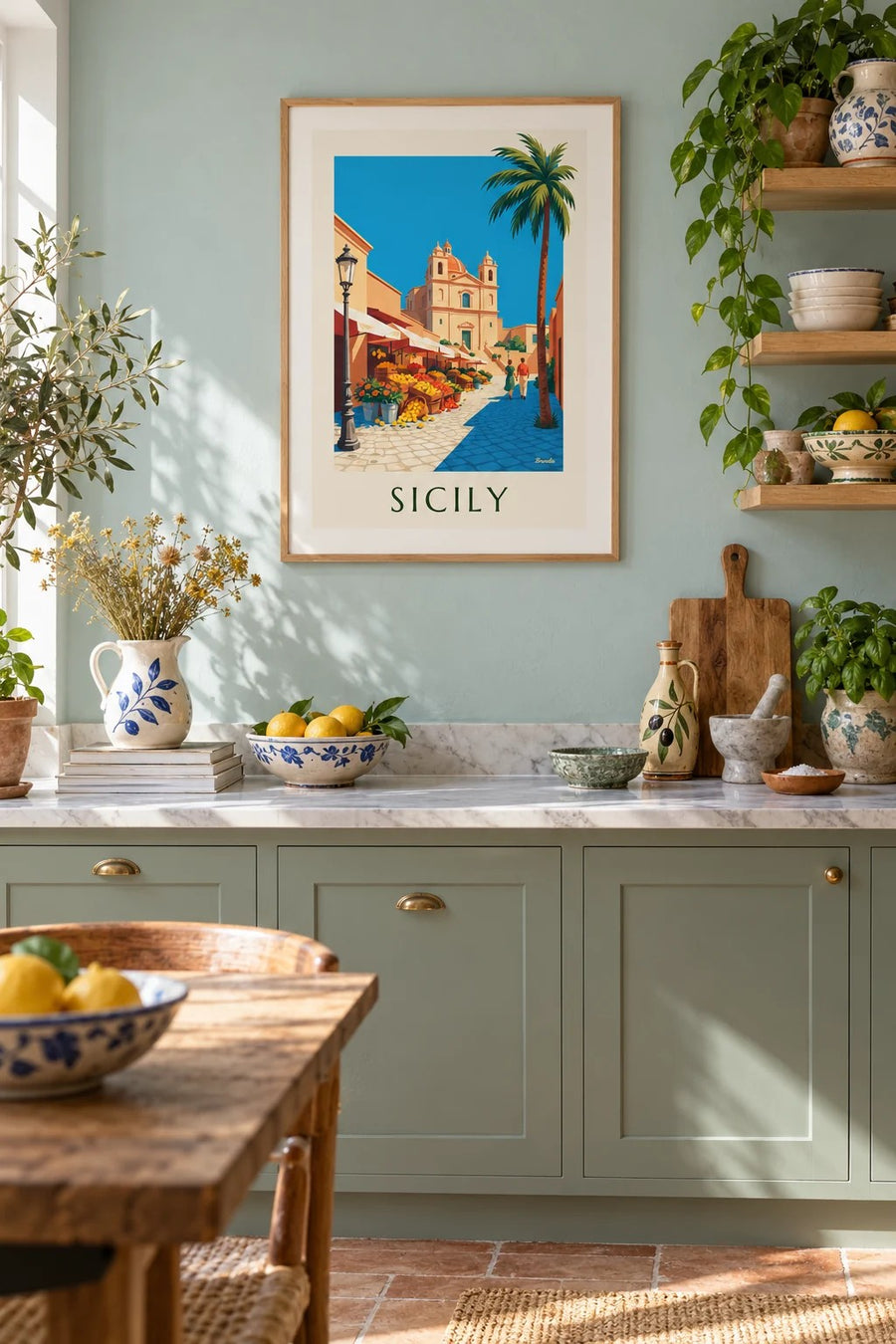 Sicilian market with lemons, oranges and flowers poster: framed on the wall