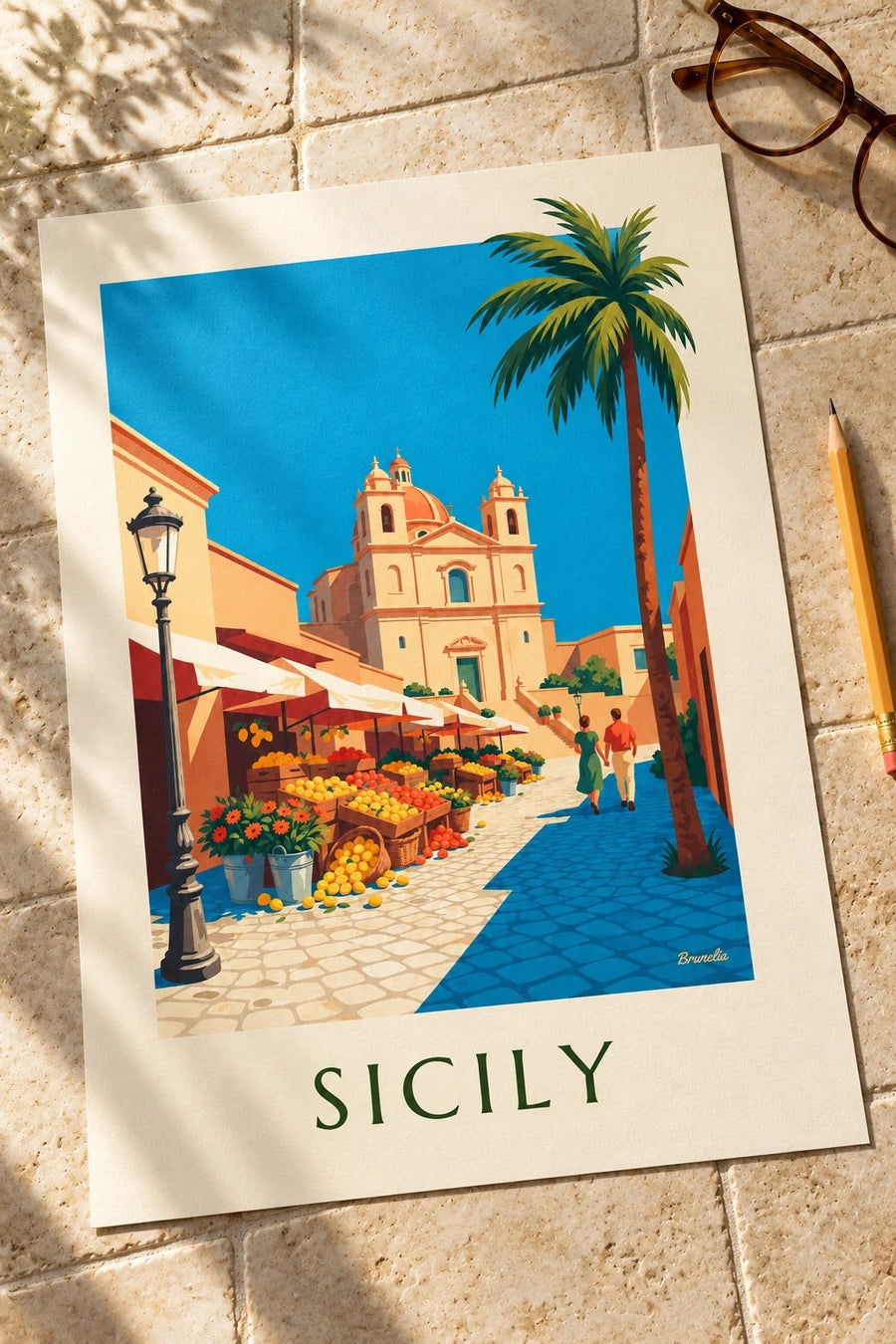 Sicilian market with lemons, oranges and flowers poster: on a table