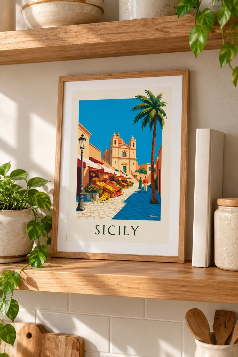 Sicilian market with lemons, oranges and flowers poster: small framed A4 size