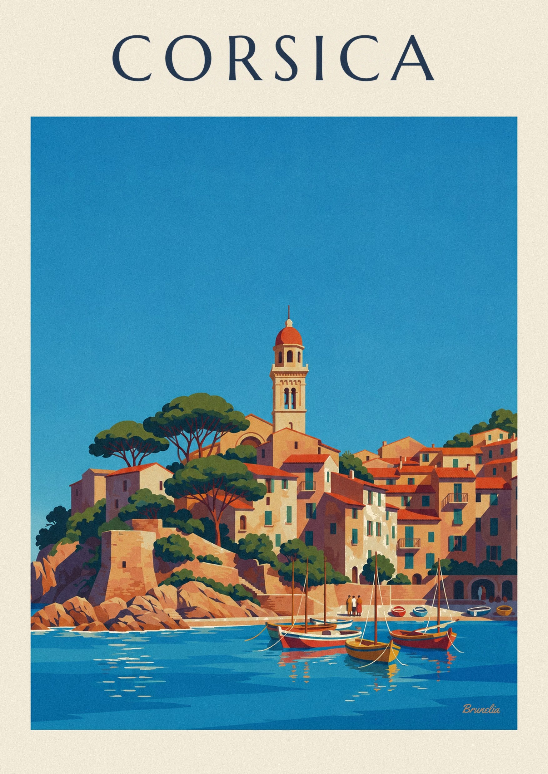 Corsican coastal village and little harbor on the Mediterranean poster: close-up detail