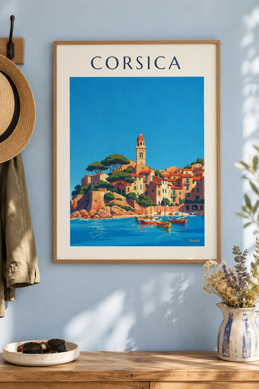 Corsican coastal village and little harbor on the Mediterranean poster: framed on the wall
