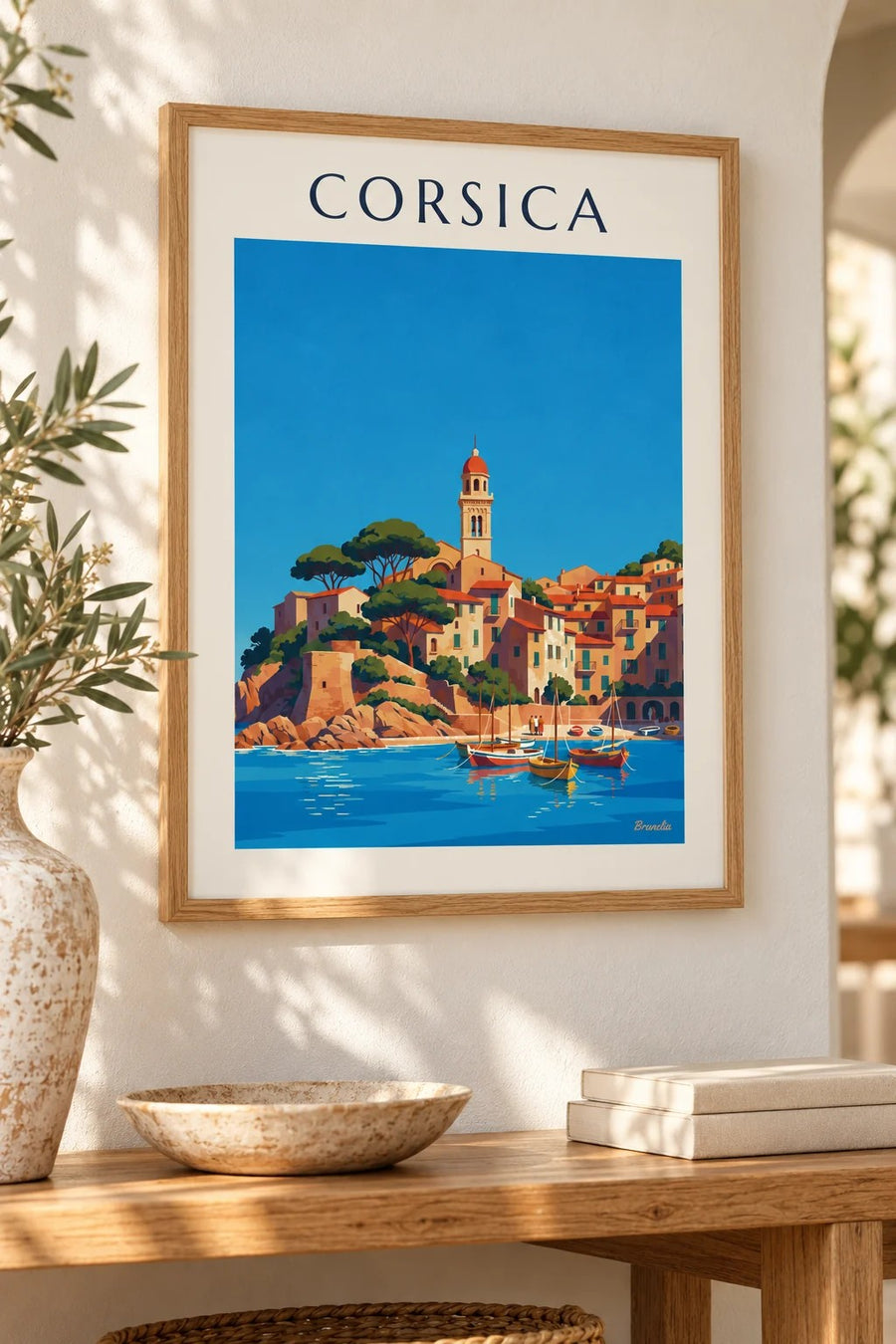Corsican coastal village and little harbor on the Mediterranean poster: small A4 size, framed