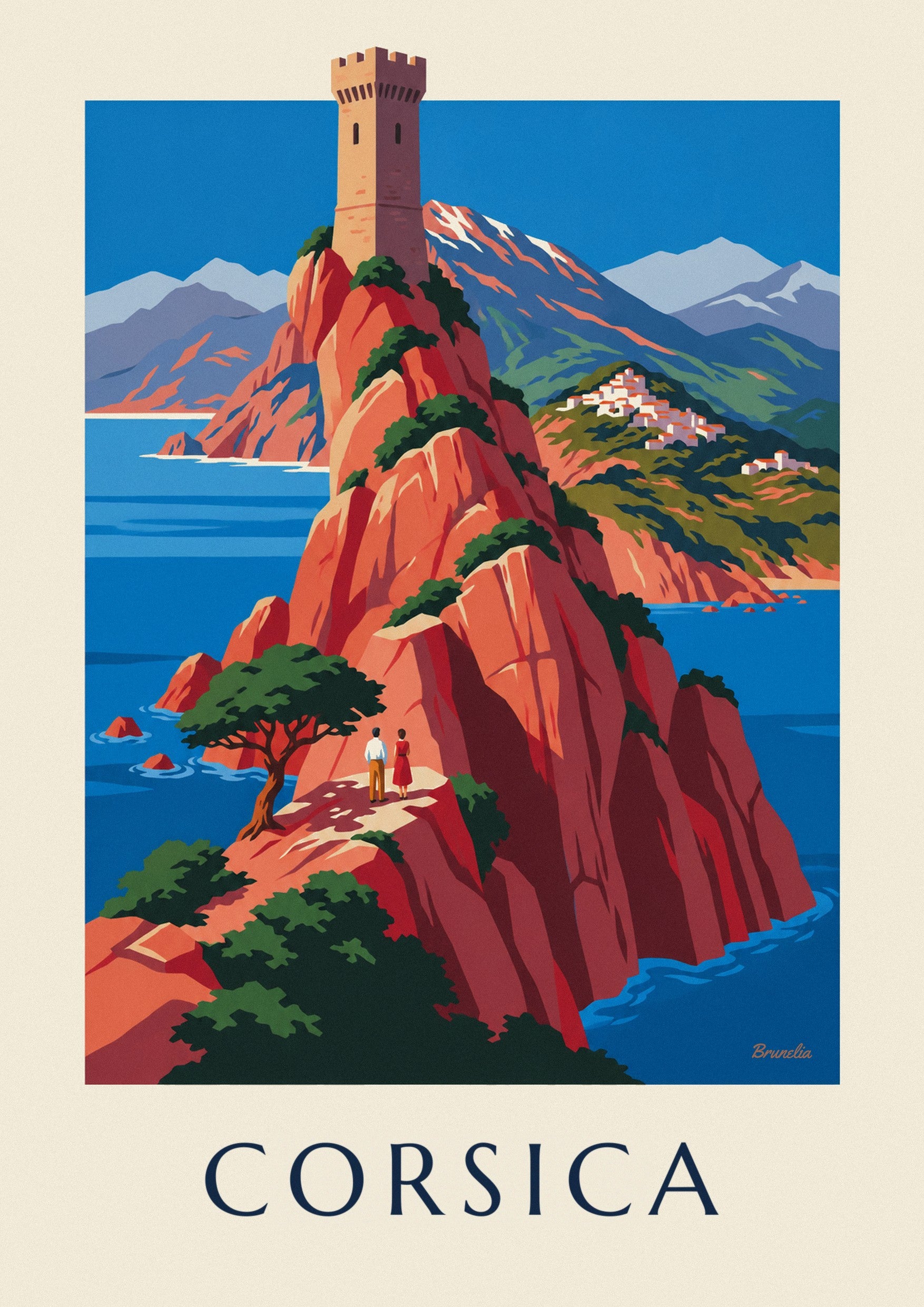 Wild Corsican coast with red cliffs and Monte Cinto poster: close-up detail