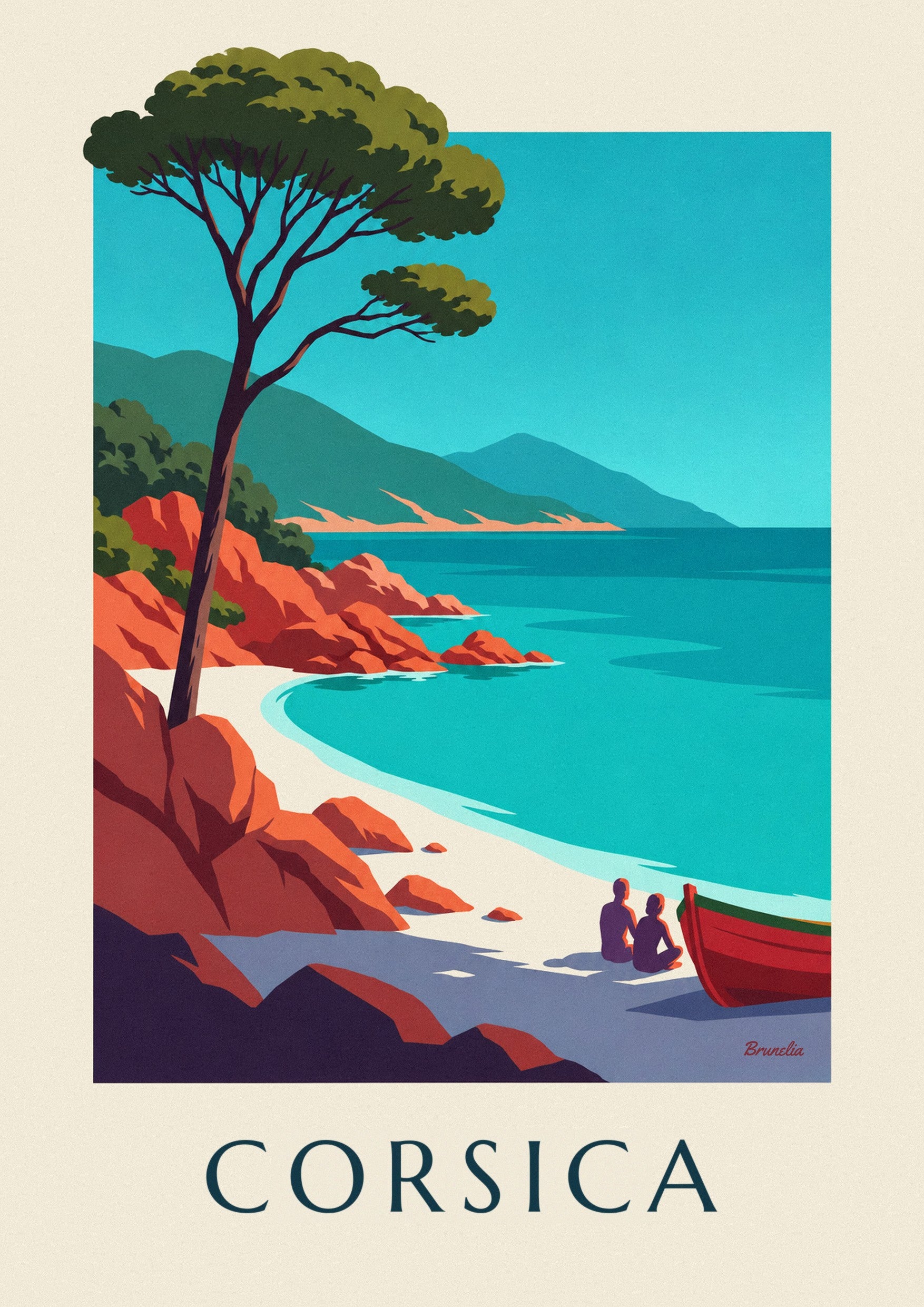 Corsican bay with red granite rocks and umbrella pine poster: close-up detail