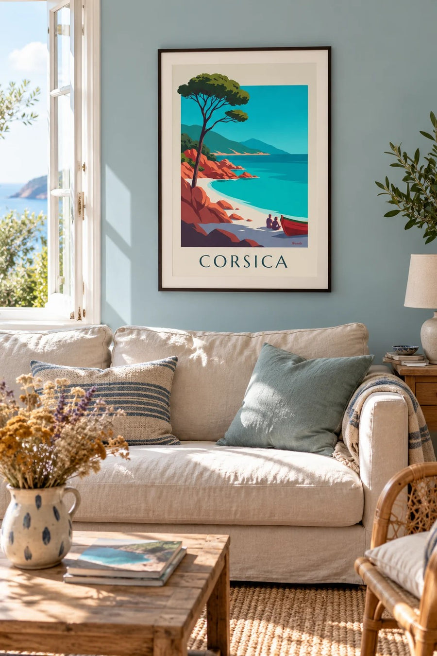 Corsican bay with red granite rocks and umbrella pine poster: framed on the wall