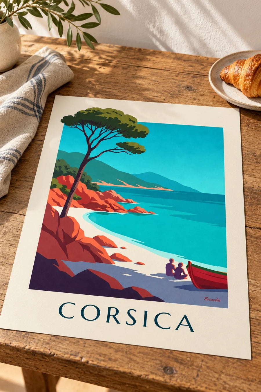 Corsican bay with red granite rocks and umbrella pine poster: resting on a table
