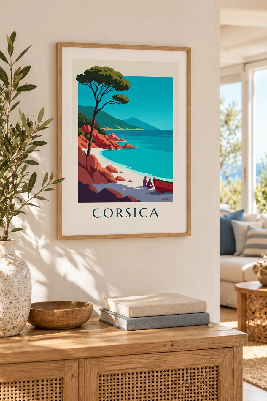 Corsican bay with red granite rocks and umbrella pine poster: small A4 size, framed