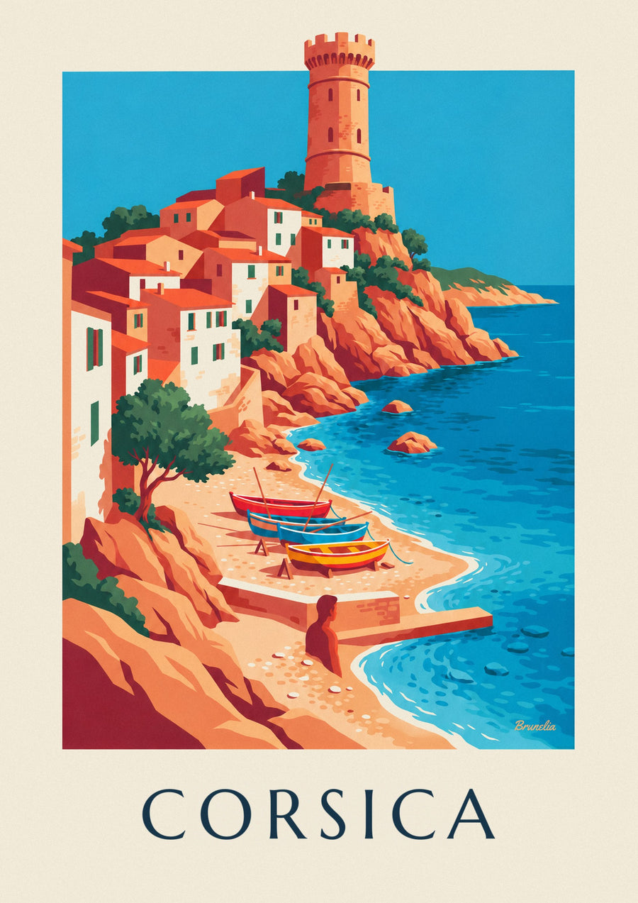 Coastal village, Genoese tower and boats in Corsica poster