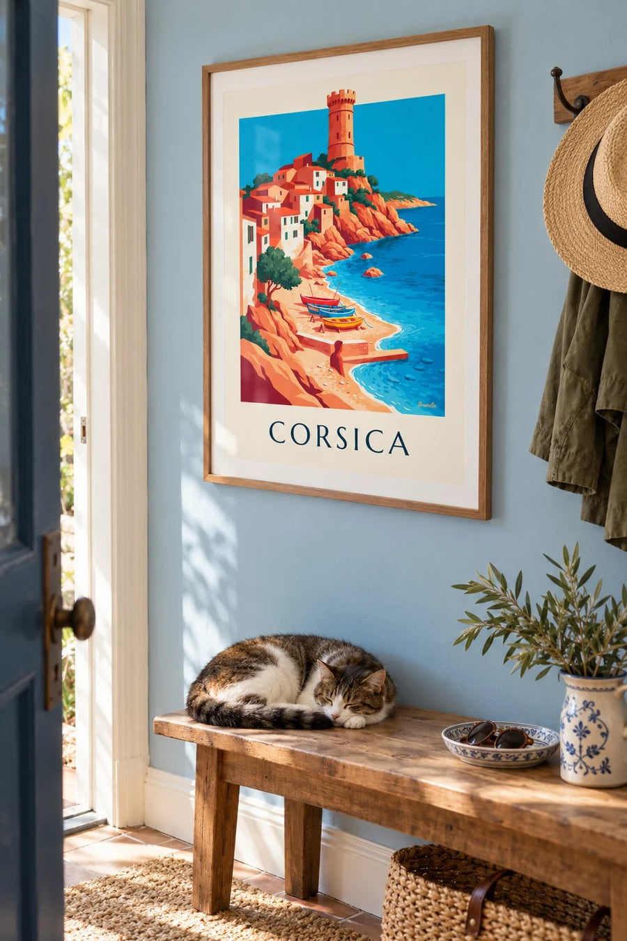 Coastal village, Genoese tower and boats in Corsica poster: framed on the wall