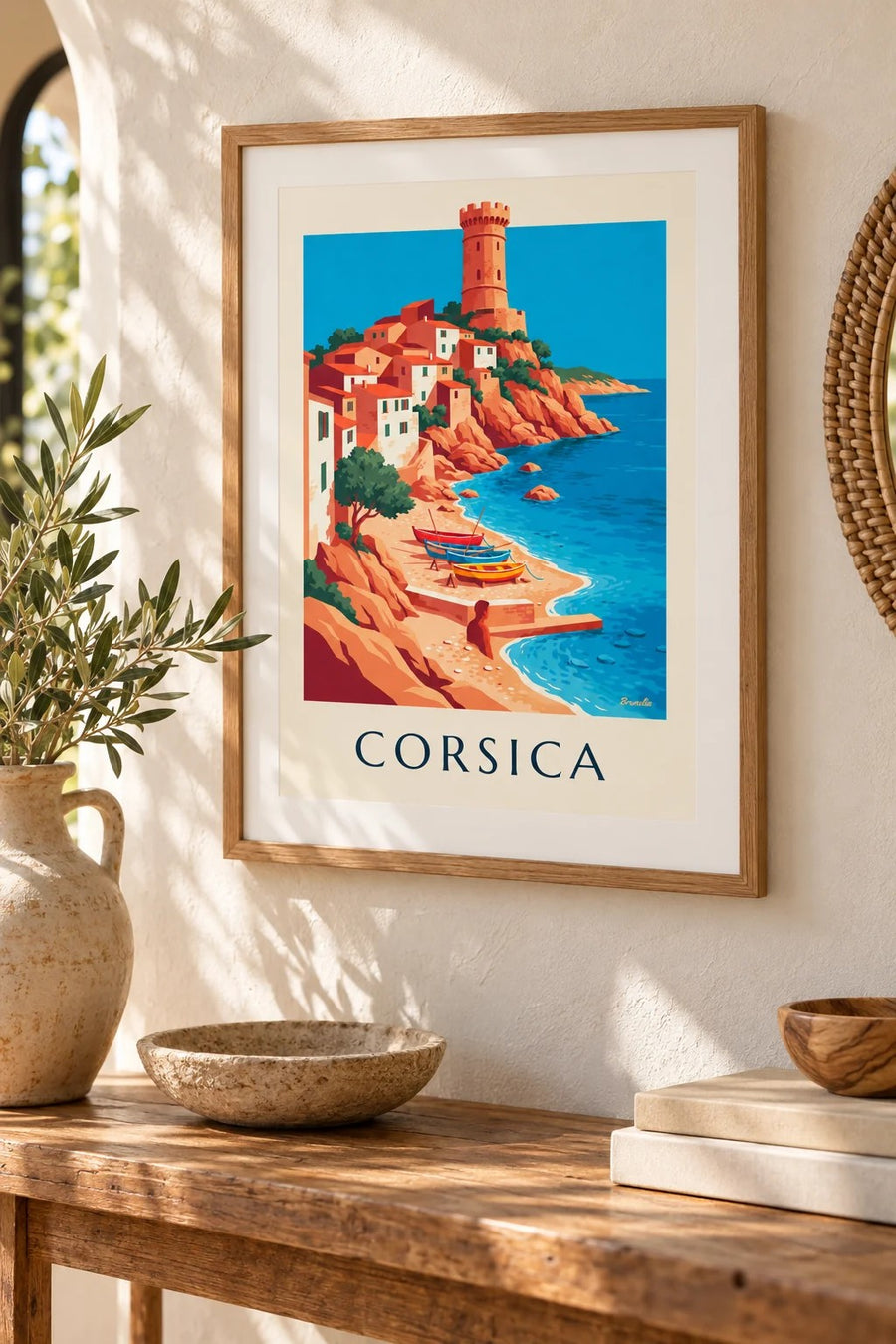 Coastal village, Genoese tower and boats in Corsica poster: small A4 size, framed