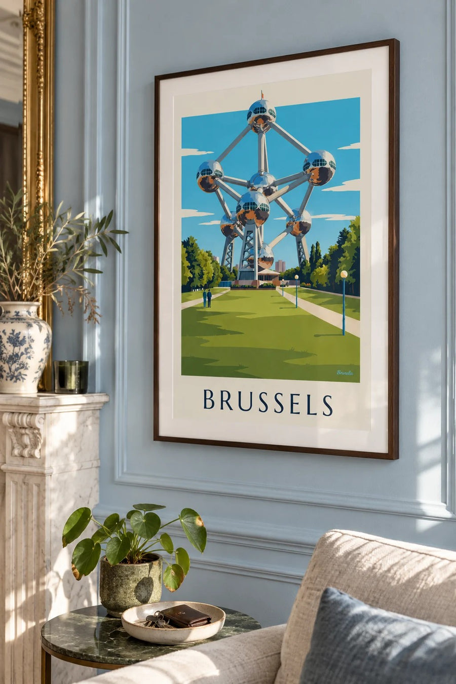 Brussels Atomium and park lawns poster: framed on the wall